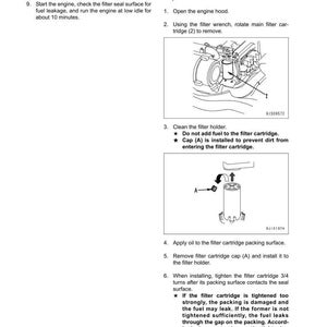 Pode incluir: Diagrama de instru&ccedil;&otilde;es para a substitui&ccedil;&atilde;o do filtro de combust&iacute;vel. Inclui imagens de componentes do motor, cartucho do filtro e suporte do filtro. Instru&ccedil;&otilde;es de texto detalham os passos.