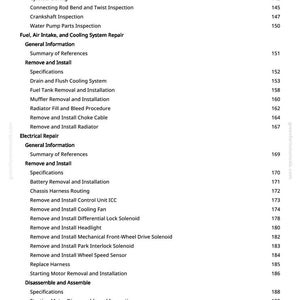 Puede incluir: Una p&aacute;gina de un manual de greenfarmmanuals.com, que enumera los procedimientos de reparaci&oacute;n de autom&oacute;viles. Las secciones incluyen combustible, entrada de aire, reparaci&oacute;n del sistema de refrigeraci&oacute;n, reparaci&oacute;n el&eacute;ctrica y reparaci&oacute;n del tren motriz. Los n&uacute;meros de p&aacute;gina son visibles.