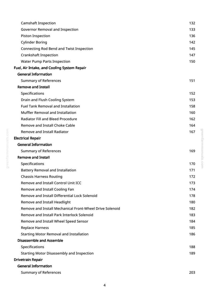 Puede incluir: Una p&aacute;gina de un manual de greenfarmmanuals.com, que enumera los procedimientos de reparaci&oacute;n de autom&oacute;viles. Las secciones incluyen combustible, entrada de aire, reparaci&oacute;n del sistema de refrigeraci&oacute;n, reparaci&oacute;n el&eacute;ctrica y reparaci&oacute;n del tren motriz. Los n&uacute;meros de p&aacute;gina son visibles.