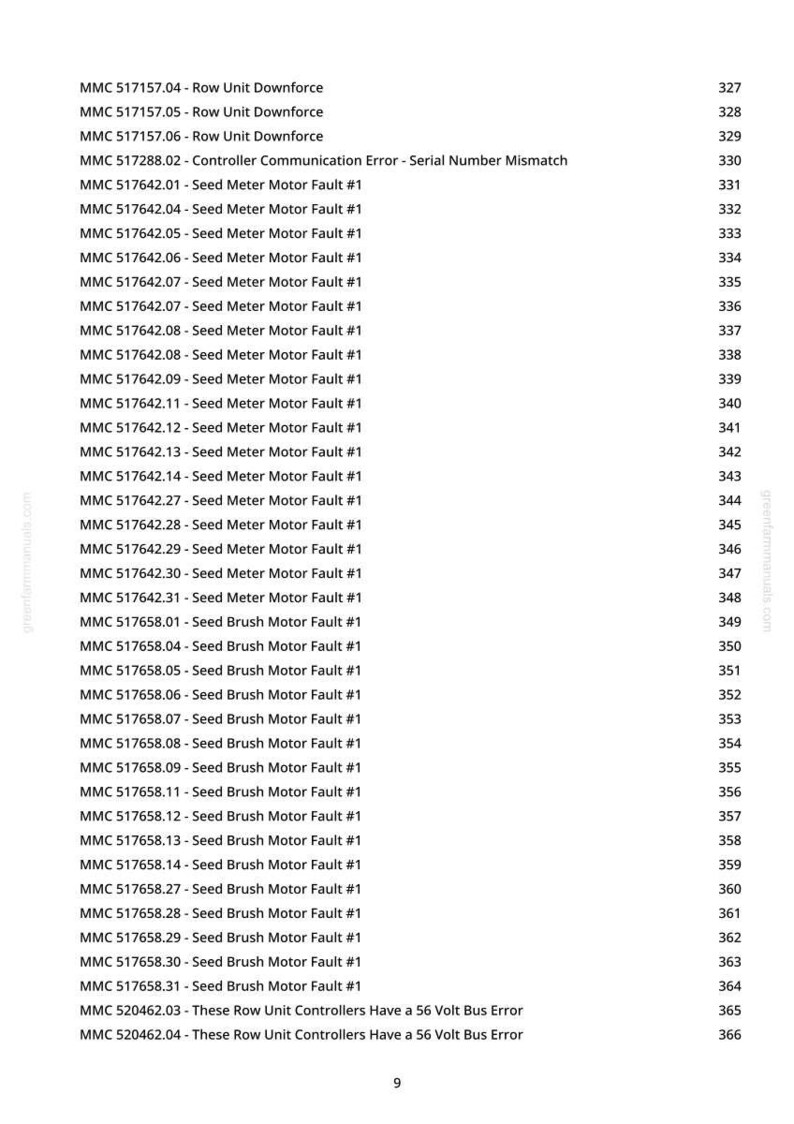 May include: A white document with a list of error codes and descriptions, including "Row Unit Downforce," "Seed Meter Motor Fault #1," and "Seed Brush Motor Fault #1." The document also includes page numbers.