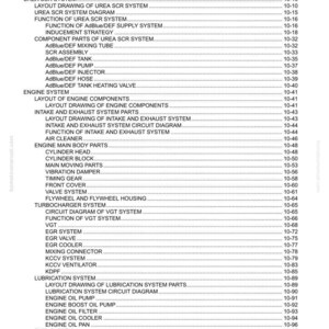 May include: A detailed contents page from a manual, listing engine system components such as UREA SCR, EGR, and fuel systems. The text is black on a white background.