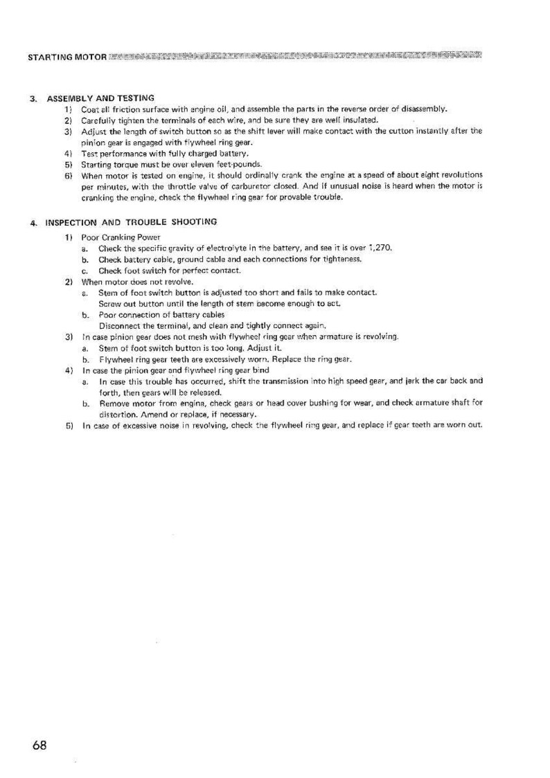 May include: A page from a manual detailing the assembly, testing, inspection, and troubleshooting of a starting motor. The text is in black font on a white background, with numbered lists and sub-points.