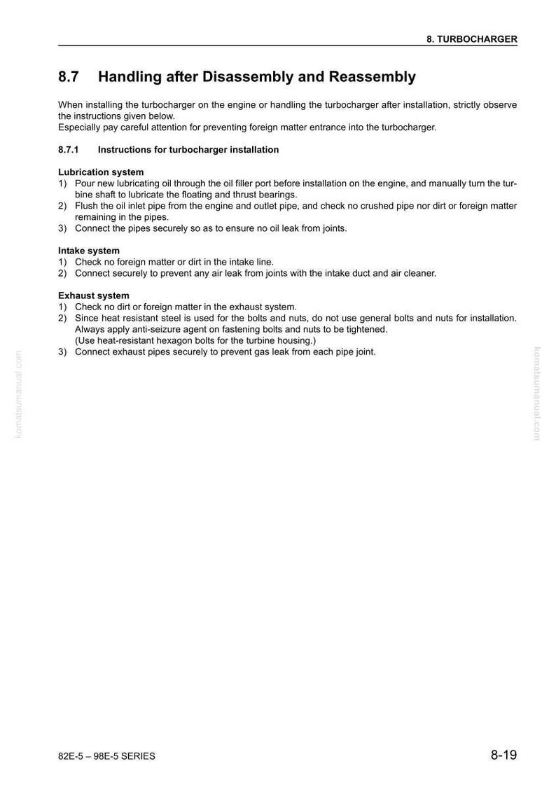 May include: A manual page detailing turbocharger handling after disassembly and reassembly. Instructions cover lubrication, intake, and exhaust systems, with emphasis on preventing foreign matter and ensuring secure connections.