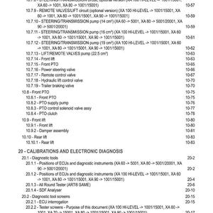 May include: A page from a technical manual titled "CONTENTS." The document lists various steering/transmission circuits, pumps, valves, and diagnostic tools. Measurements are in cm&sup3;.
