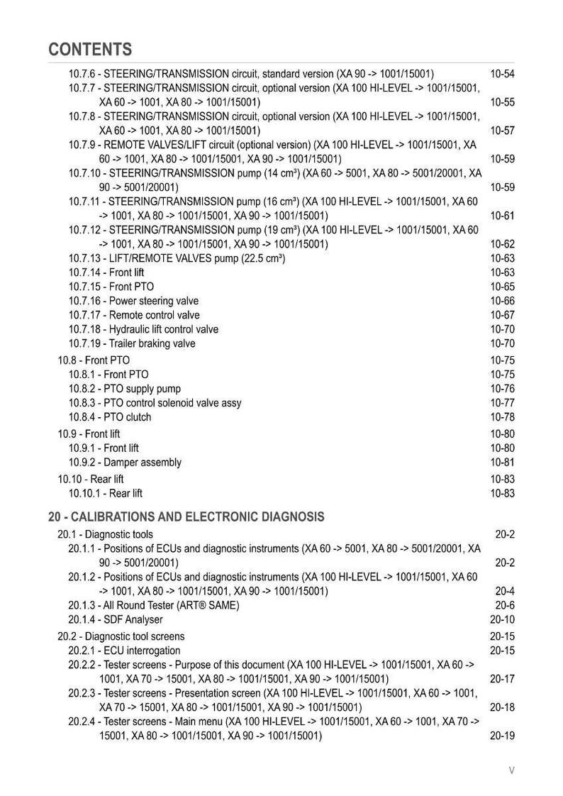 May include: A page from a technical manual titled "CONTENTS." The document lists various steering/transmission circuits, pumps, valves, and diagnostic tools. Measurements are in cm&sup3;.