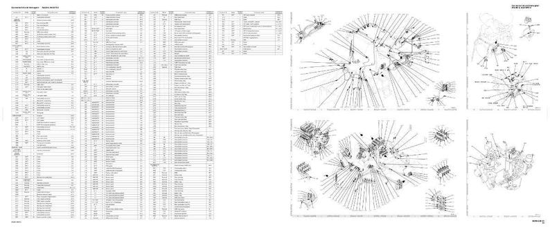 May include: A technical diagram in black and white, featuring a detailed list of text and numbers on the left and several complex line drawings on the right. The drawings show interconnected components.