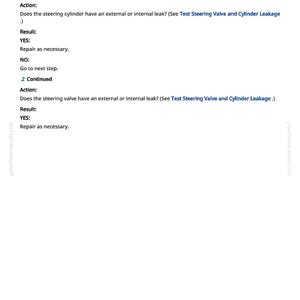May include: A manual page titled "Diagnose Steering Wheel Creeps" detailing a test procedure for steering issues. The text describes checking for leaks in the steering cylinder and valve. The page includes the website address greenfarmmanuals.com.