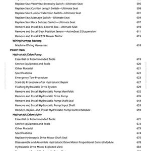 May include: A page from a manual with a list of instructions and procedures, including "Remove and Install Satellite Antenna" and "Hydrostatic Drive Pump". The text is black on a white background.