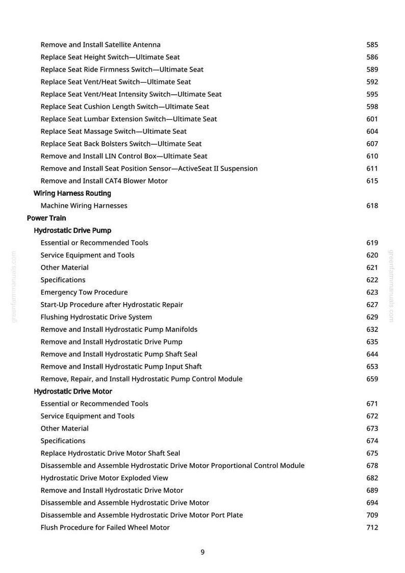 May include: A page from a manual with a list of instructions and procedures, including "Remove and Install Satellite Antenna" and "Hydrostatic Drive Pump". The text is black on a white background.