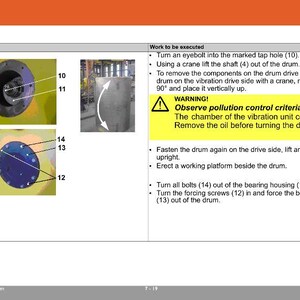 May include: Diagram of a yellow industrial drum with labeled components and instructions. The image includes close-ups of the drum's interior and exterior, with text indicating steps for disassembly and a warning about pollution control.