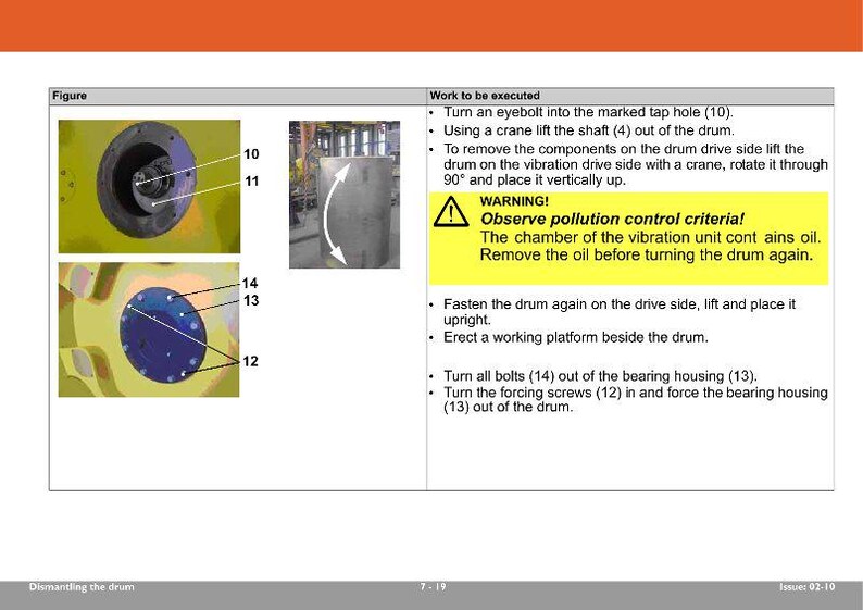 May include: Diagram of a yellow industrial drum with labeled components and instructions. The image includes close-ups of the drum's interior and exterior, with text indicating steps for disassembly and a warning about pollution control.