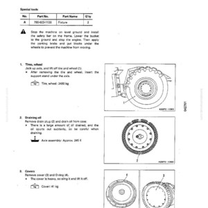 May include: A technical diagram titled "DISASSEMBLY OF FINAL DRIVE" with illustrations of machinery components. The diagram includes a parts list, safety instructions, and detailed steps for disassembling tires, draining oil, and removing covers. Measurements are in kilograms.