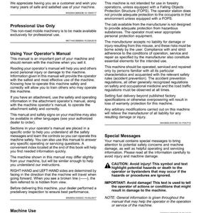 May include: A page from a John Deere operator's manual with the title "Introduction." The manual provides safety and operational information for the machine, including warnings and cautions.