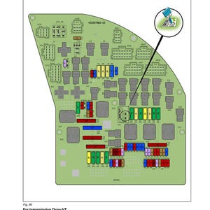 May include: Diagram of a main fuse box with various colored fuses and components. The diagram includes text labels and a zoomed-in detail. The text "Main fuse box" and "For transmission Dyna-VT" are visible.