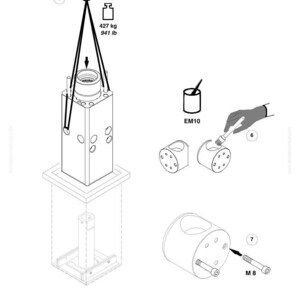 May include: Technical diagram showing industrial components. A large rectangular block is suspended by a hook, with a weight limit of 941 lb. Other components include cylindrical parts, a paint can labeled "EM10", and bolts labeled "M 8".