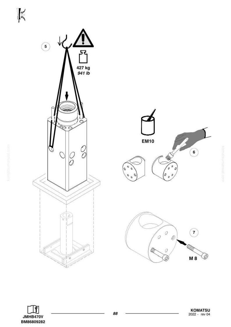 May include: Technical diagram showing industrial components. A large rectangular block is suspended by a hook, with a weight limit of 941 lb. Other components include cylindrical parts, a paint can labeled "EM10", and bolts labeled "M 8".