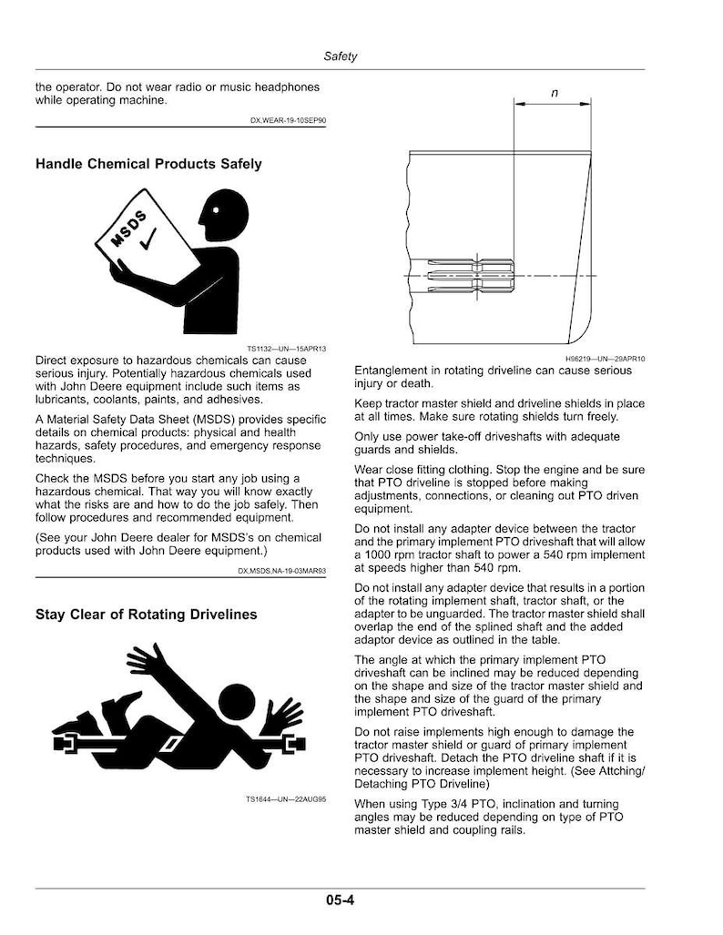 May include: Safety instructions graphic with text about handling chemicals, rotating drivelines, and equipment operation. Includes diagrams and warnings about potential hazards and safety measures. The image also includes the text "MSDS".