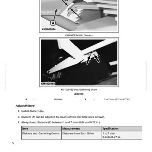 May include: Diagram of mechanical components, including dividers and a gathering drum, with arrows indicating adjustment points. Text specifies measurements between 0.04 and 0.27 inches. The image includes part numbers KM1000834 and KM1000165.