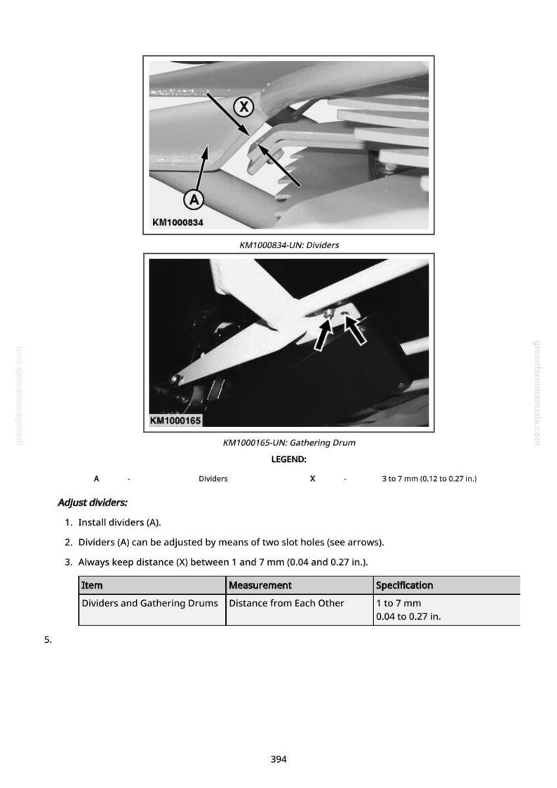May include: Diagram of mechanical components, including dividers and a gathering drum, with arrows indicating adjustment points. Text specifies measurements between 0.04 and 0.27 inches. The image includes part numbers KM1000834 and KM1000165.