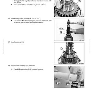 May include: A page from a manual detailing transmission overhaul procedures. The text includes instructions for disassembly and assembly, with diagrams showing the installation of various parts, including rings, bearings, and seals. The page is labeled "DISASSEMBLY AND ASSEMBLY".
