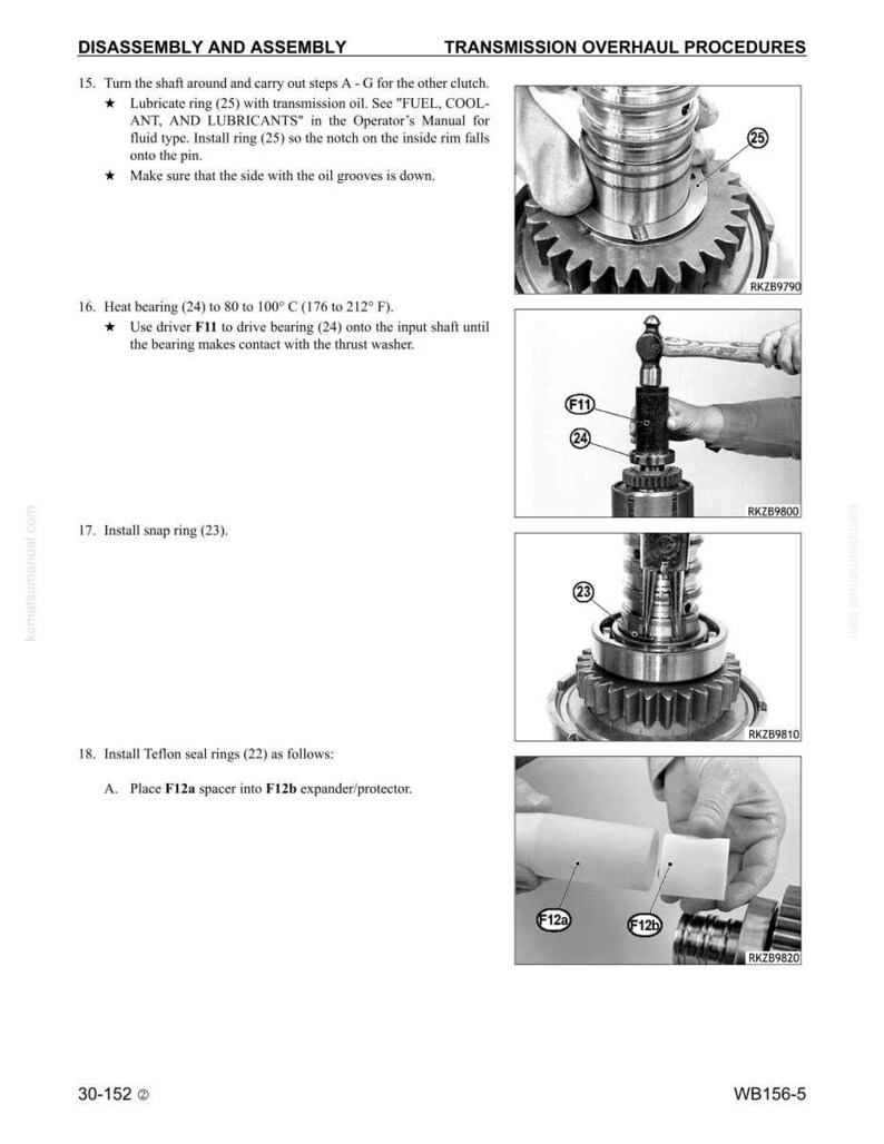 May include: A page from a manual detailing transmission overhaul procedures. The text includes instructions for disassembly and assembly, with diagrams showing the installation of various parts, including rings, bearings, and seals. The page is labeled "DISASSEMBLY AND ASSEMBLY".