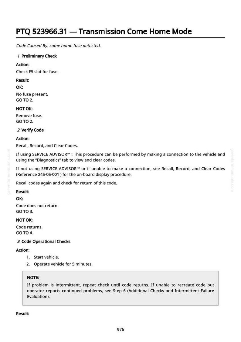 Puede incluir: Documento blanco con texto negro que detalla el procedimiento 'Transmission Come Home Mode'. El documento incluye instrucciones para comprobaciones preliminares, verificaci&oacute;n de c&oacute;digo y comprobaciones operativas, con acciones y resultados espec&iacute;ficos.