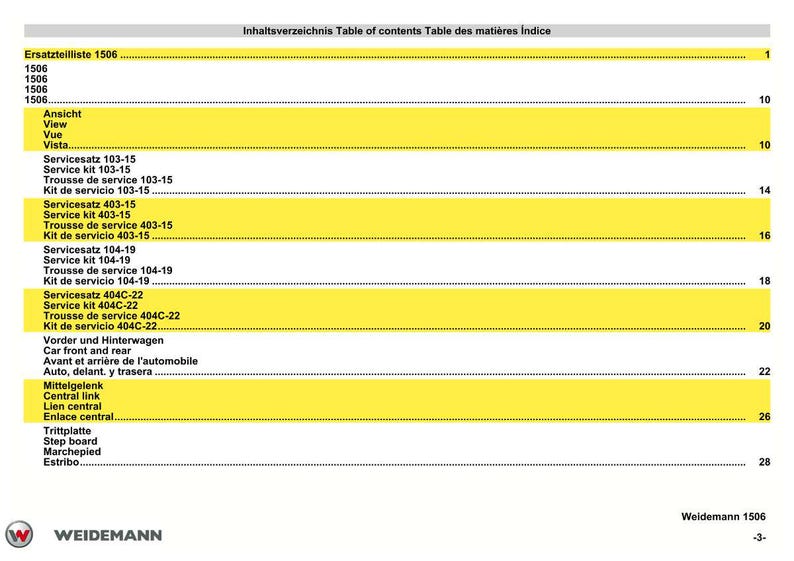May include: A contents page from a Weidemann 1506 manual, listing terms in English, French, and Spanish. The text is black on white, with yellow highlighting. The page includes the Weidemann logo.