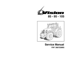 K&ouml;nnte beinhalten: Eine Schwarz-Wei&szlig;-Strichzeichnung eines Traktors mit dem Text "Vision 85-95-105" dar&uuml;ber. Unter dem Traktor steht der Text "Service Manual" und "P/N 3667238M3".