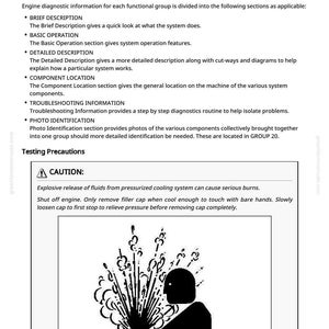 May include: A page from a manual with the title "Ref. 220-05-001 General Information". The page includes instructions on engine diagnostics, testing precautions, and a safety warning graphic depicting an explosion. The text includes the caution: "Explosive release of fluids from pressurized cooling system can cause serious burns."