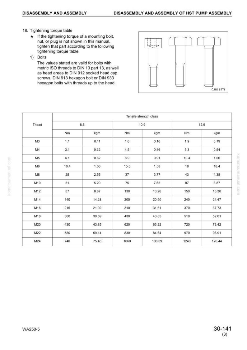 May include: Diagram of a tightening torque table for bolts, with values in Nm and kgm for different thread sizes (M3 to M24) and tensile strength classes (8.8, 10.9, 12.9). Includes bolt head illustrations.