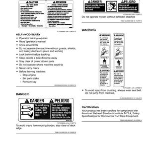 May include: A white page with safety labels in English and Spanish. The labels include warnings about operating machinery, such as mower safety, and instructions to avoid injury. The page also includes certification information.