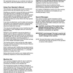 K&ouml;nnte beinhalten: Eine Seite aus dem Bedienungshandbuch einer John Deere Maschine mit dem Abschnitt "Einf&uuml;hrung". Der Text enth&auml;lt Sicherheitshinweise, Gebrauchsanweisungen und Informationen zu Betrieb und Wartung der Maschine. Die Seite hat einen wei&szlig;en Hintergrund mit schwarzem Text.