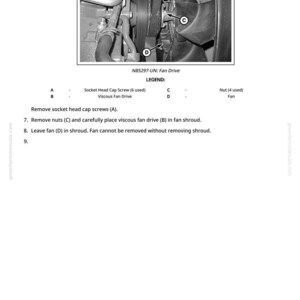 K&ouml;nnte beinhalten: Nahaufnahme einer Motorkomponente mit einem L&uuml;fter- und Riemensystem. Das Bild enth&auml;lt Beschriftungen f&uuml;r Teile wie Innensechskantschrauben, Viskose-L&uuml;fterantrieb und Muttern. Der Text oben lautet "N85297-UN: Fan Drive."