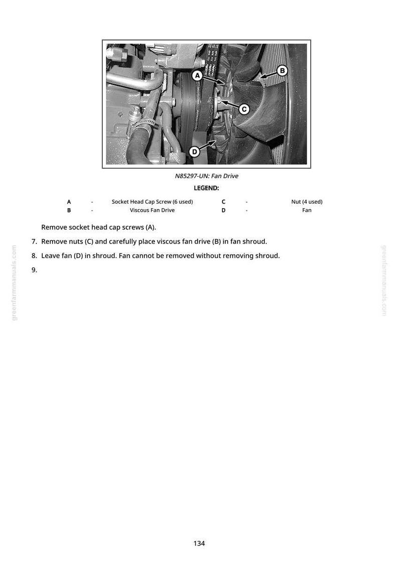 K&ouml;nnte beinhalten: Nahaufnahme einer Motorkomponente mit einem L&uuml;fter- und Riemensystem. Das Bild enth&auml;lt Beschriftungen f&uuml;r Teile wie Innensechskantschrauben, Viskose-L&uuml;fterantrieb und Muttern. Der Text oben lautet "N85297-UN: Fan Drive."