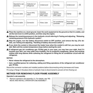 May include: Diagram of a floor frame assembly with labeled components, including ground cables, valves, and an air conditioner controller. Instructions and safety notices are also included. The image is a technical illustration.