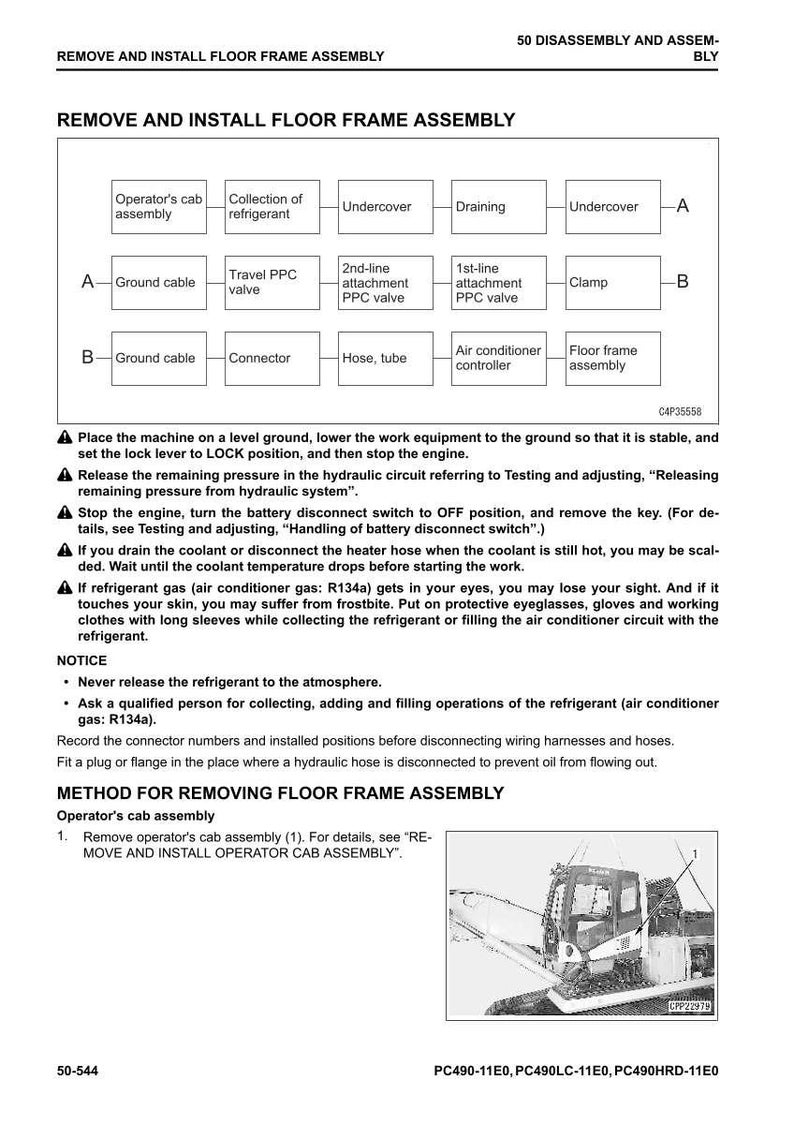 May include: Diagram of a floor frame assembly with labeled components, including ground cables, valves, and an air conditioner controller. Instructions and safety notices are also included. The image is a technical illustration.
