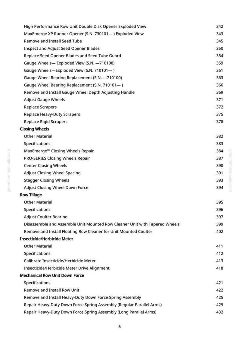 May include: A detailed parts list from greenfarmmanuals.com, featuring exploded views and instructions for agricultural equipment. The document includes sections on openers, wheels, tillage, and insecticide/herbicide meters, with corresponding page numbers.