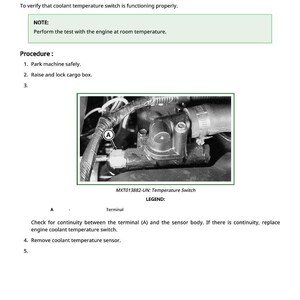 May include: Diagram of an engine coolant temperature switch test. The image includes text explaining the procedure, a diagram of the switch, and instructions for checking continuity. The text includes the note: "Perform the test with the engine at room temperature."