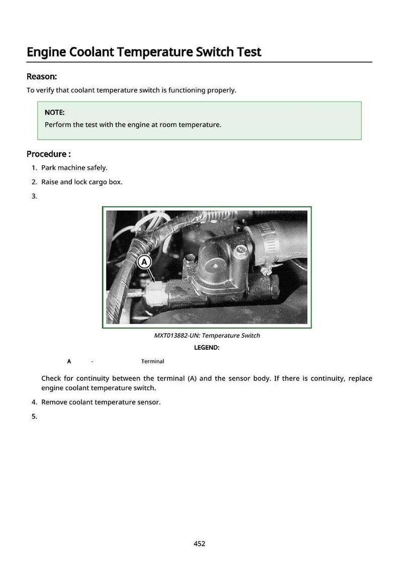 May include: Diagram of an engine coolant temperature switch test. The image includes text explaining the procedure, a diagram of the switch, and instructions for checking continuity. The text includes the note: "Perform the test with the engine at room temperature."
