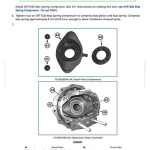 May include: Diagram of hydrostatic motor assembly components, including swash plate, swash plate bearing, and thrust plate. The image includes labels and measurements in inches and millimeters.