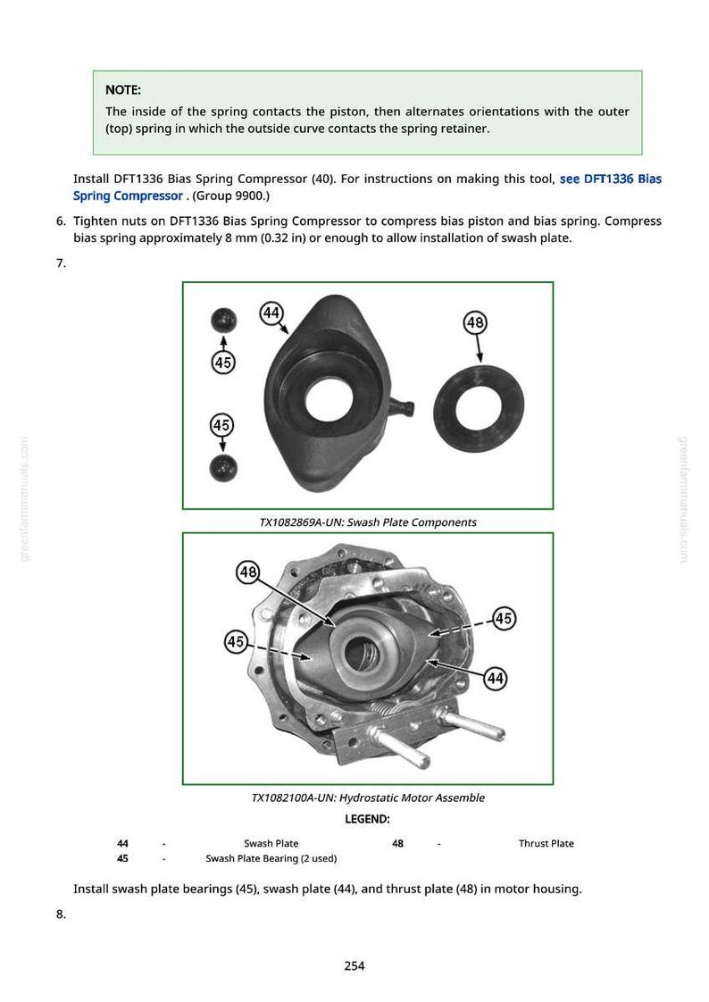 May include: Diagram of hydrostatic motor assembly components, including swash plate, swash plate bearing, and thrust plate. The image includes labels and measurements in inches and millimeters.