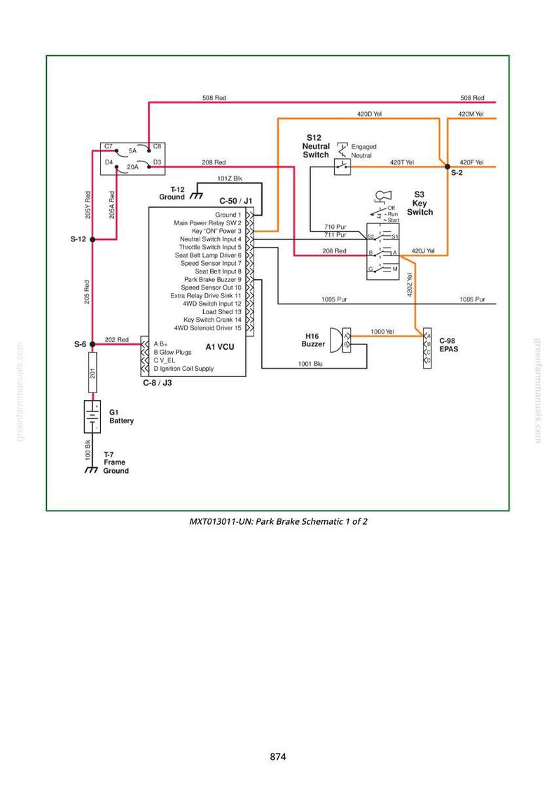 May include: A detailed schematic diagram illustrating a park brake system, featuring labeled components and coloured wiring. The diagram includes a battery, switches, and an A1 VCU module. The text at the bottom reads "MXT013011-UN: Park Brake Schematic 1 of 2".