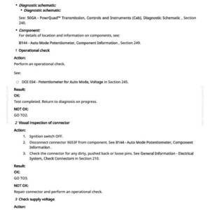 May include: A page from a manual detailing the B144 Auto Mode Potentiometer Circuit Test. The text includes diagnostic schematics, component information, operational checks, and visual inspection instructions. The page is white with black text.