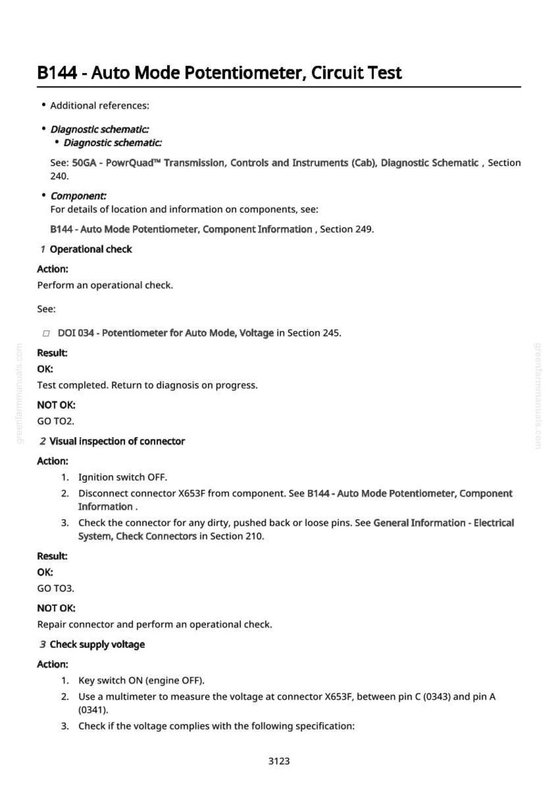 May include: A page from a manual detailing the B144 Auto Mode Potentiometer Circuit Test. The text includes diagnostic schematics, component information, operational checks, and visual inspection instructions. The page is white with black text.