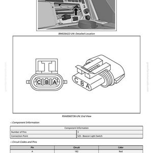 K&ouml;nnte beinhalten: Diagramm eines elektrischen Steckverbinders mit drei Pins, beschriftet mit A, B und C. Das Bild enth&auml;lt ein detailliertes Lageplan und eine Tabelle mit Komponenteninformationen, einschlie&szlig;lich Schaltkreiscodes und Pin-Farben: rot, orange und schwarz.