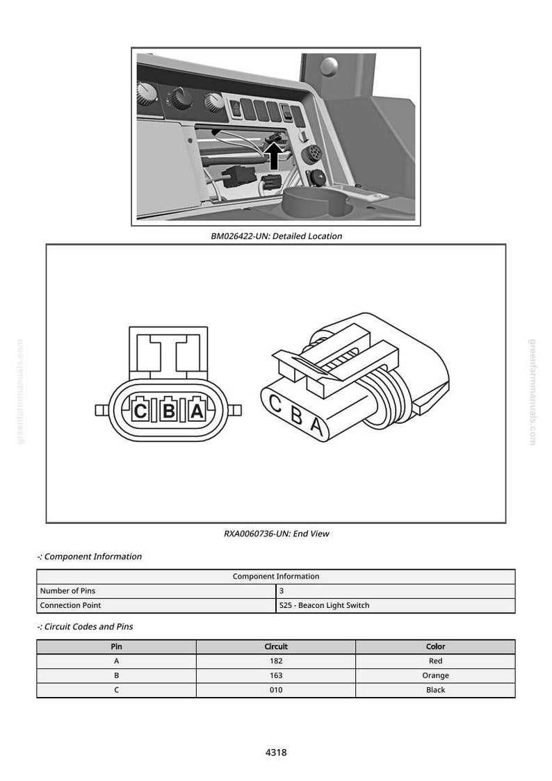 K&ouml;nnte beinhalten: Diagramm eines elektrischen Steckverbinders mit drei Pins, beschriftet mit A, B und C. Das Bild enth&auml;lt ein detailliertes Lageplan und eine Tabelle mit Komponenteninformationen, einschlie&szlig;lich Schaltkreiscodes und Pin-Farben: rot, orange und schwarz.