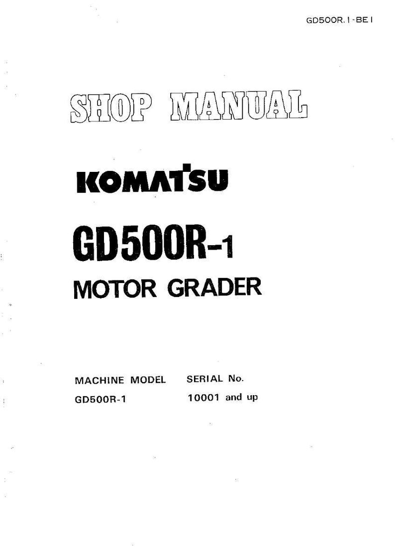 Może przedstawiać: Biała instrukcja warsztatowa z napisem "SHOP MANUAL" na g&oacute;rze. Poniżej wyświetlane jest logo Komatsu, a następnie "GD500R-1 MOTOR GRADER". Na dole strony znajduje się model maszyny i numer seryjny.