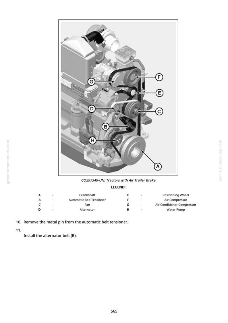 Op de afbeelding: Gedetailleerd diagram van een tractormotor met labels voor componenten zoals de krukas, dynamo en luchtcompressor. De afbeelding bevat tekstinstructies voor onderhoud en reparatie, met een legenda voor identificatie.