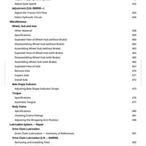 May include: A page from a manual, displaying a table of contents with sections such as "Wheel, Hub and Axle," "Bale Shape Indicator," and "Drive Chain Lubrication." The page includes numbered entries and subheadings.