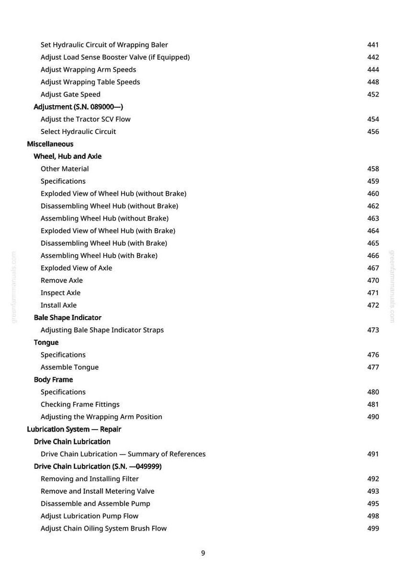 May include: A page from a manual, displaying a table of contents with sections such as "Wheel, Hub and Axle," "Bale Shape Indicator," and "Drive Chain Lubrication." The page includes numbered entries and subheadings.